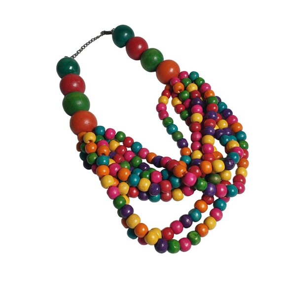 Colorful Wooden Bead Necklace Adjustable Length Teacher Gift Office Boho Core - Picture 1 of 5